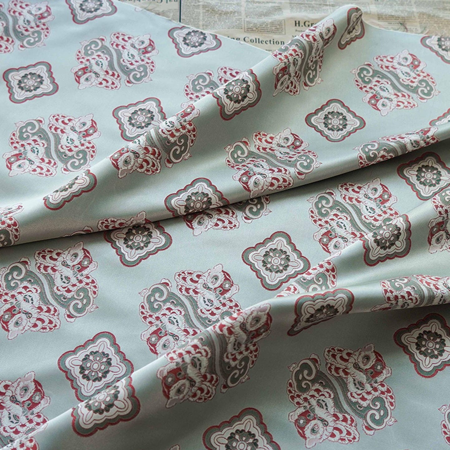Aqua Blue Silk Brocade Fabric: Chinese Fu Lion Design, 66"W