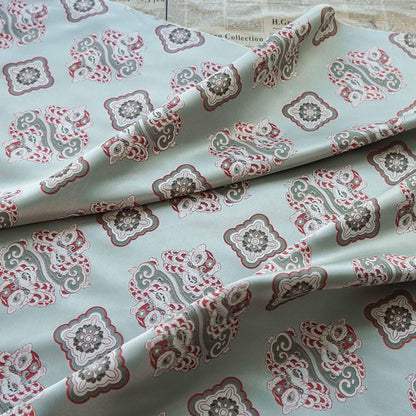 Aqua Blue Silk Brocade Fabric: Chinese Fu Lion Design, 66"W
