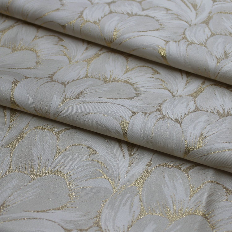 Off White Jacquard Fabric: 3D Gold Flower Design, 55" Wide