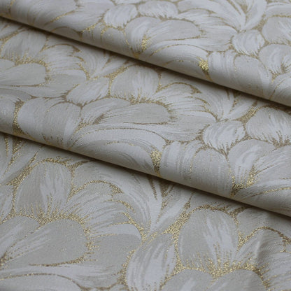 Off White Jacquard Fabric: 3D Gold Flower Design, 55" Wide