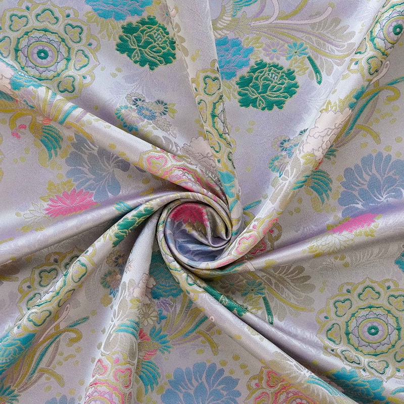 Beige Phoenix Song Brocade Fabric: 67"W Silk Rayon Blend