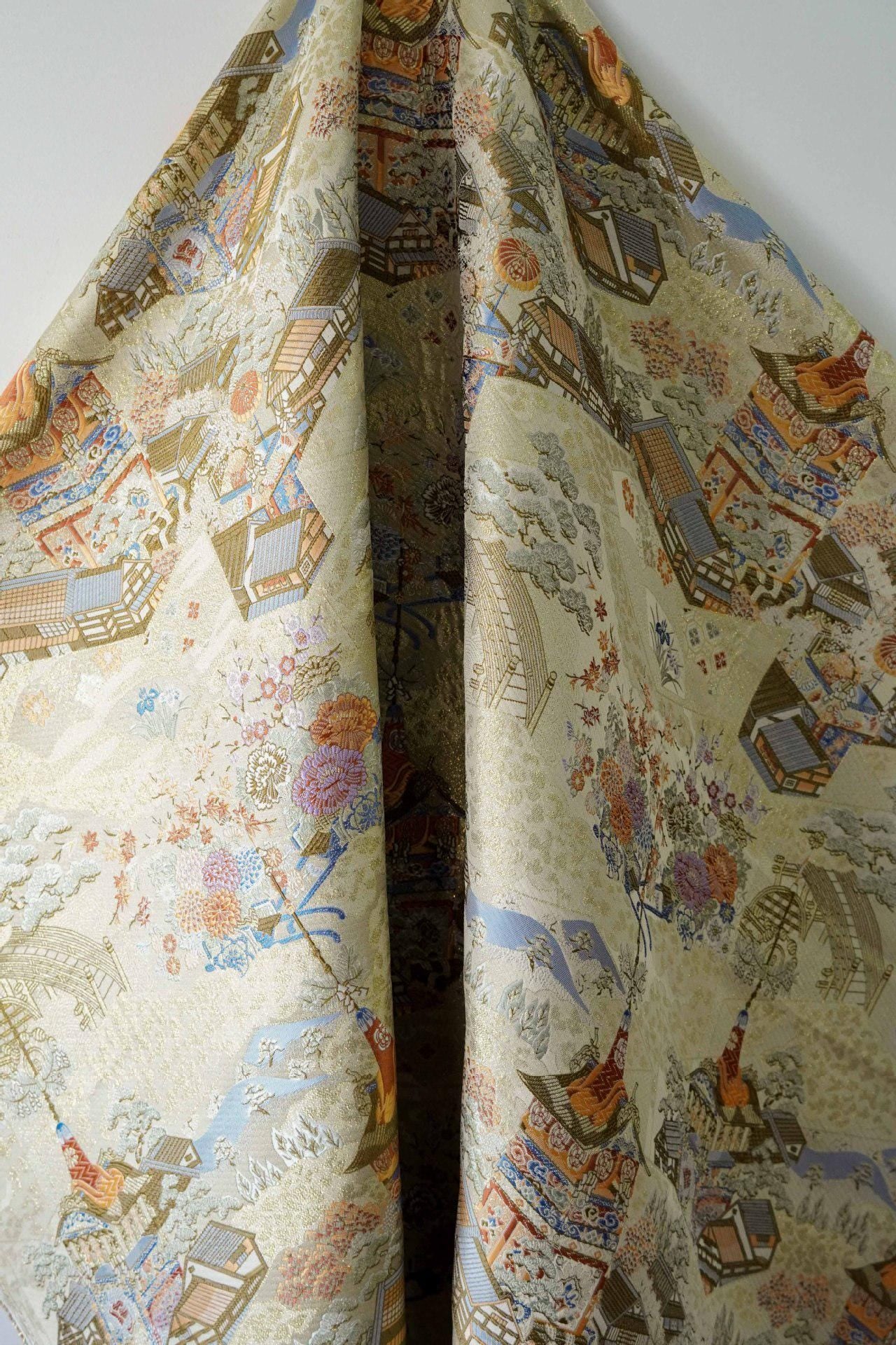Gold Brocade Fabric ��� 'Pavilion Pagoda' Jacquard, Kimono Hanfu Materi" Wide)