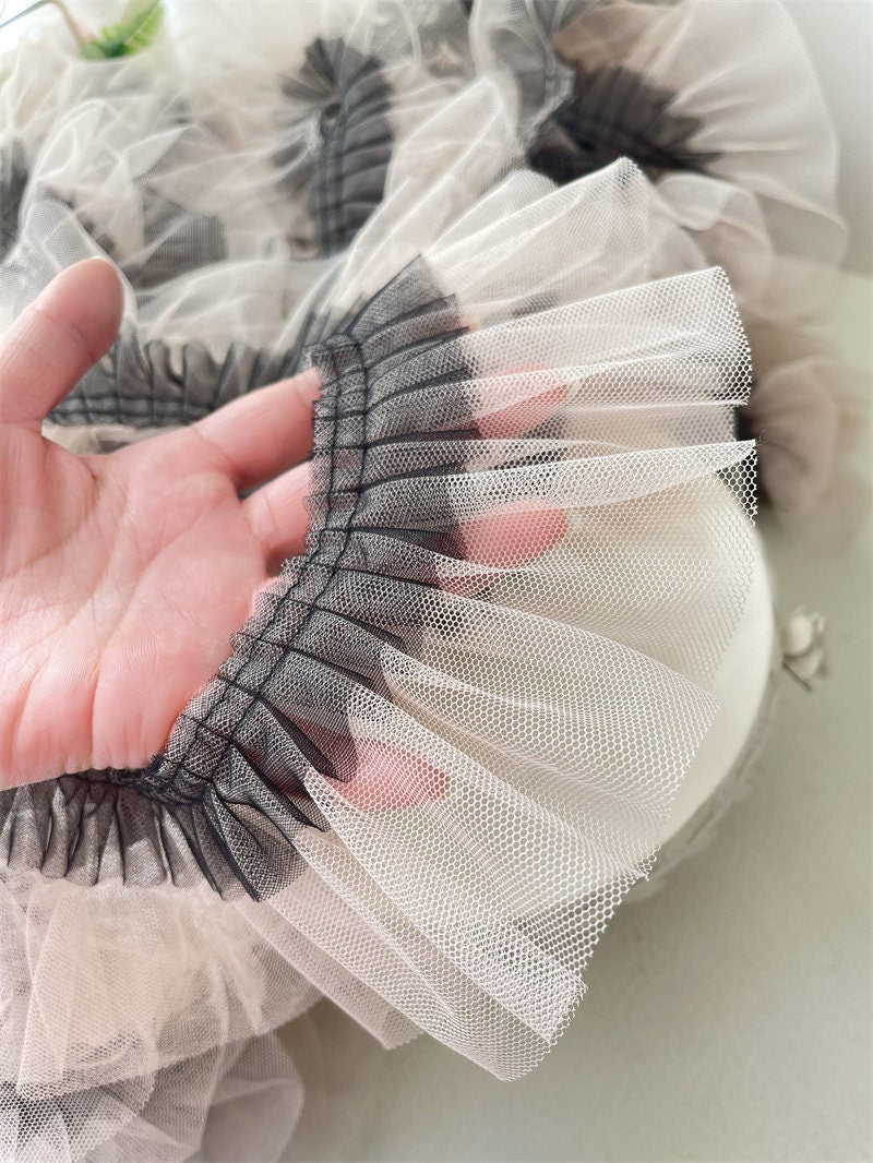 Sheer Pleated 3D Ruffle Mesh Fabric, Stiff Texture, Designer Gown Material