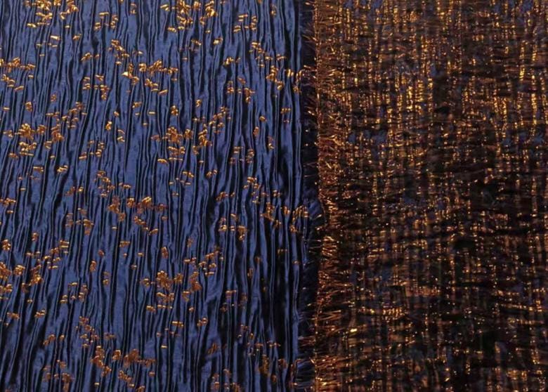 Sky Blue & Gold Jacquard Fabric: Shimmering Embossed Design, 55" Wide
