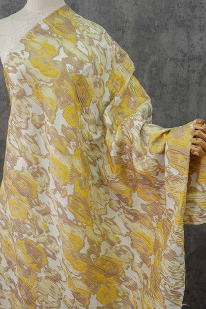 Tissu jacquard gaufré : motif à blocs jaune-brun, 140 cm de large