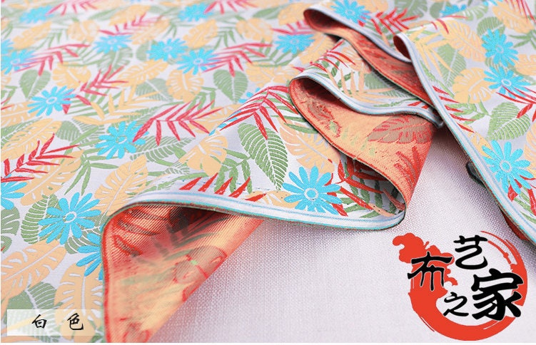 Tissu brocart jacquard à motif floral : motif de feuilles chinoises, largeur 75 cm