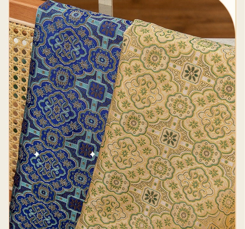 Floral Silk Brocade Fabric: 59"W Blue Chinese Costume Upholstery