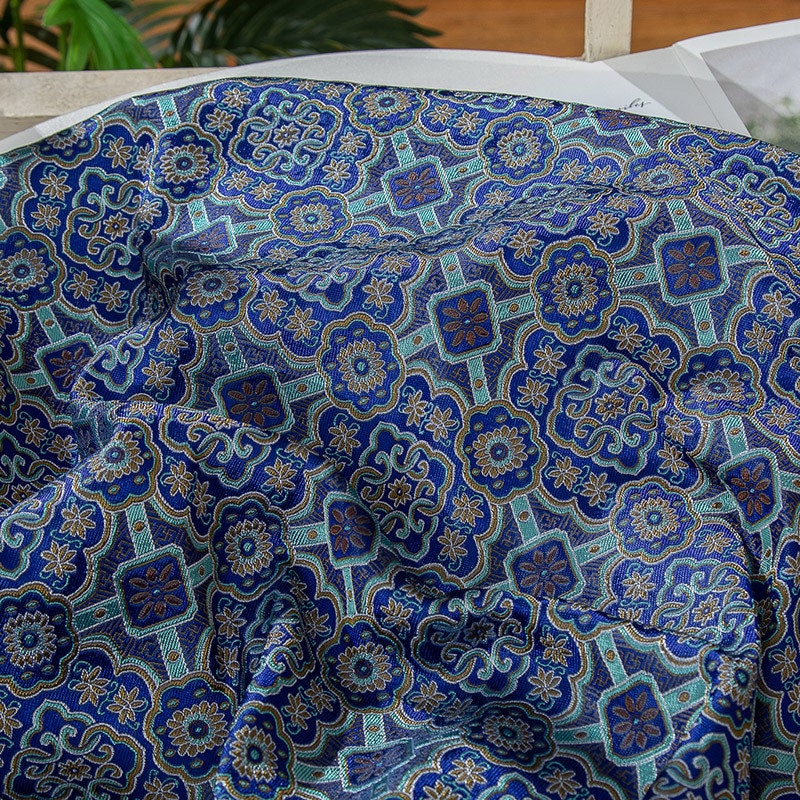 Floral Silk Brocade Fabric: 59"W Blue Chinese Costume Upholstery