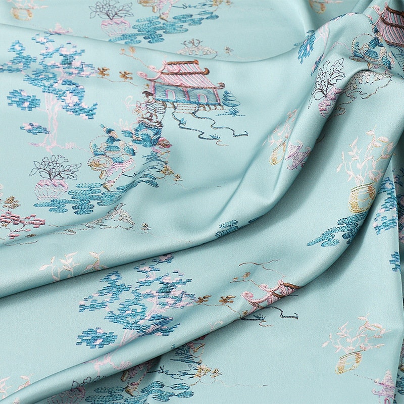 Silk Damask Fabric: Digital Print, 59"W Satin Gambiered Canton Gauze