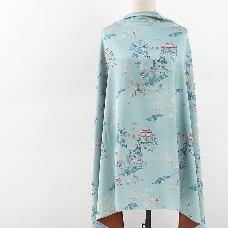 Silk Damask Fabric: Digital Print, 59"W Satin Gambiered Canton Gauze