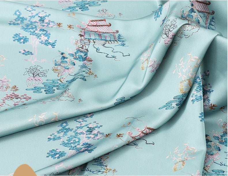 Silk Damask Fabric: Digital Print, 59"W Satin Gambiered Canton Gauze