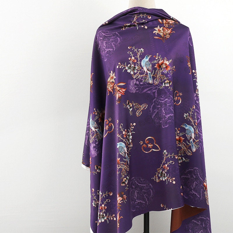 Bird Print Tea Silk Satin Fabric - 59"W Floral Upholstery