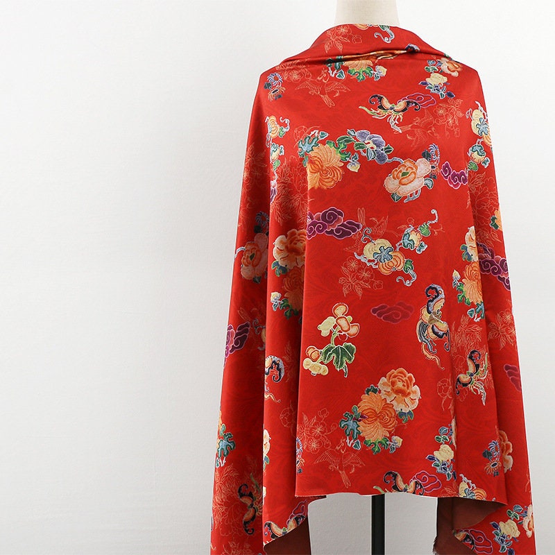 Ancient Flower Tea Satin Silk Fabric: Digital Print Upholstery, Costume, Decor (59"W)