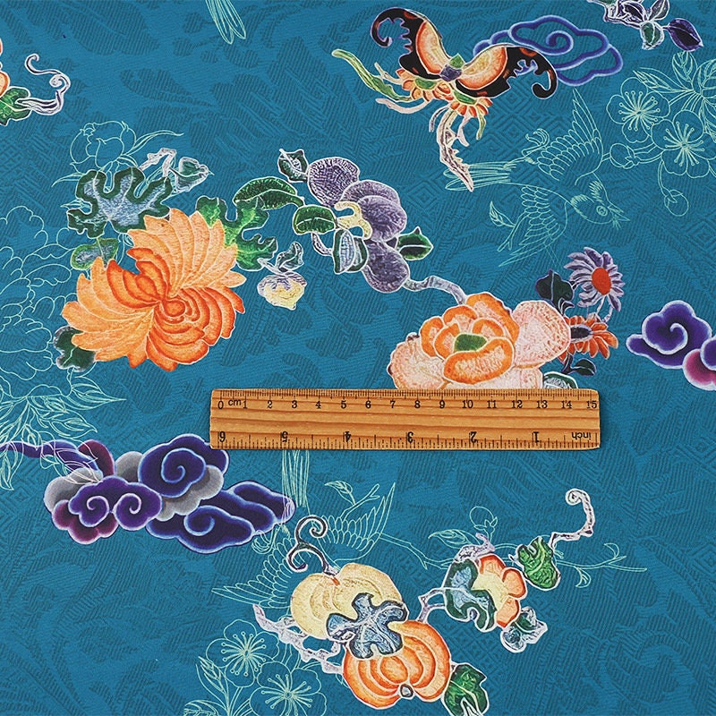 Ancient Flower Tea Satin Silk Fabric: Digital Print Upholstery, Costume, Decor (59"W)