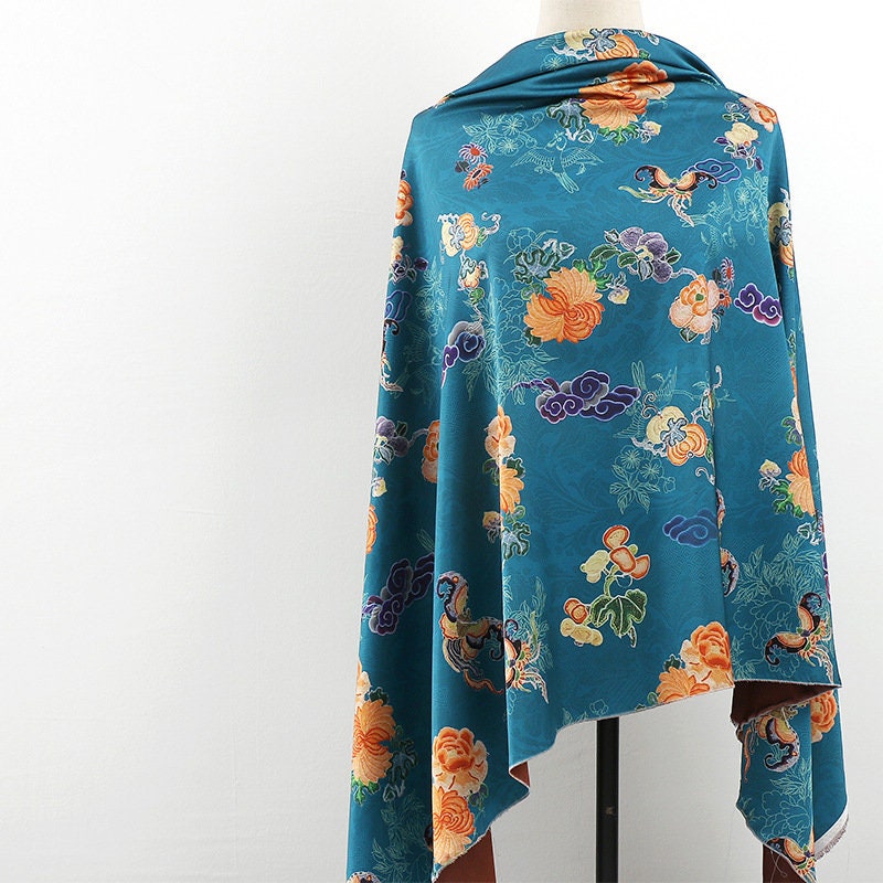 Ancient Flower Tea Satin Silk Fabric: Digital Print Upholstery, Costume, Decor (59"W)