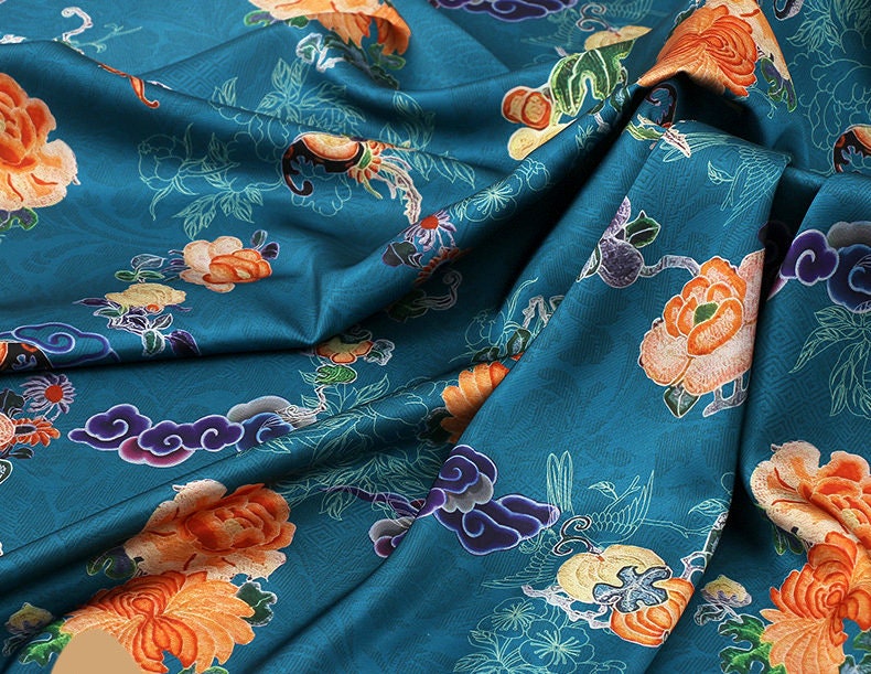Ancient Flower Tea Satin Silk Fabric: Digital Print Upholstery, Costume, Decor (59"W)