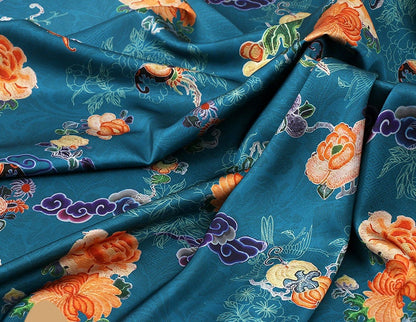 Ancient Flower Tea Satin Silk Fabric: Digital Print Upholstery, Costume, Decor (59"W)