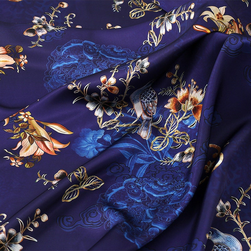 Bird Print Tea Silk Satin Fabric - 59"W Floral Upholstery