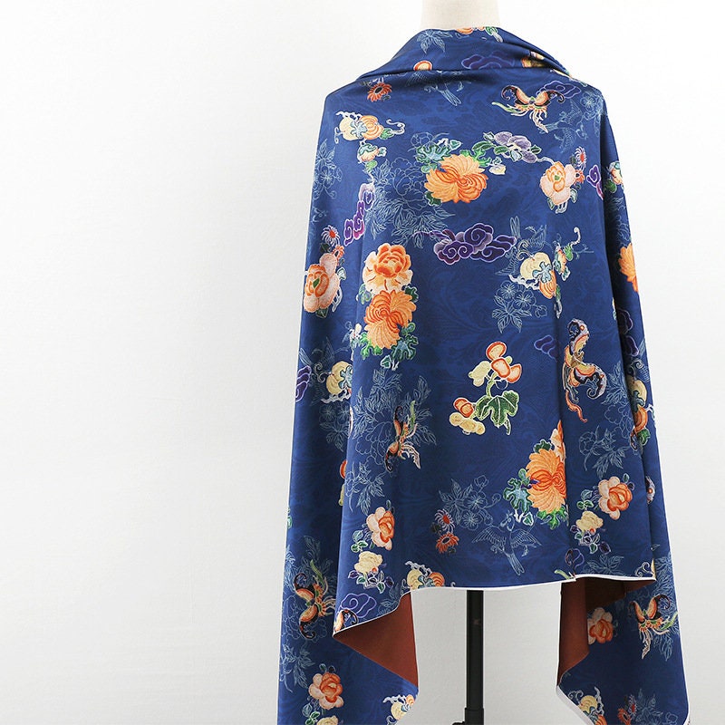 Ancient Flower Tea Satin Silk Fabric: Digital Print Upholstery, Costume, Decor (59"W)