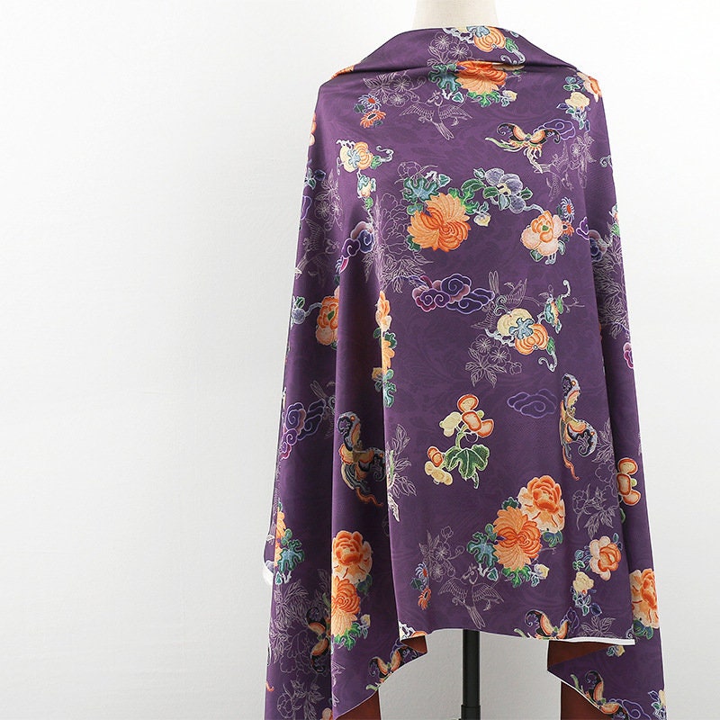 Ancient Flower Tea Satin Silk Fabric: Digital Print Upholstery, Costume, Decor (59"W)