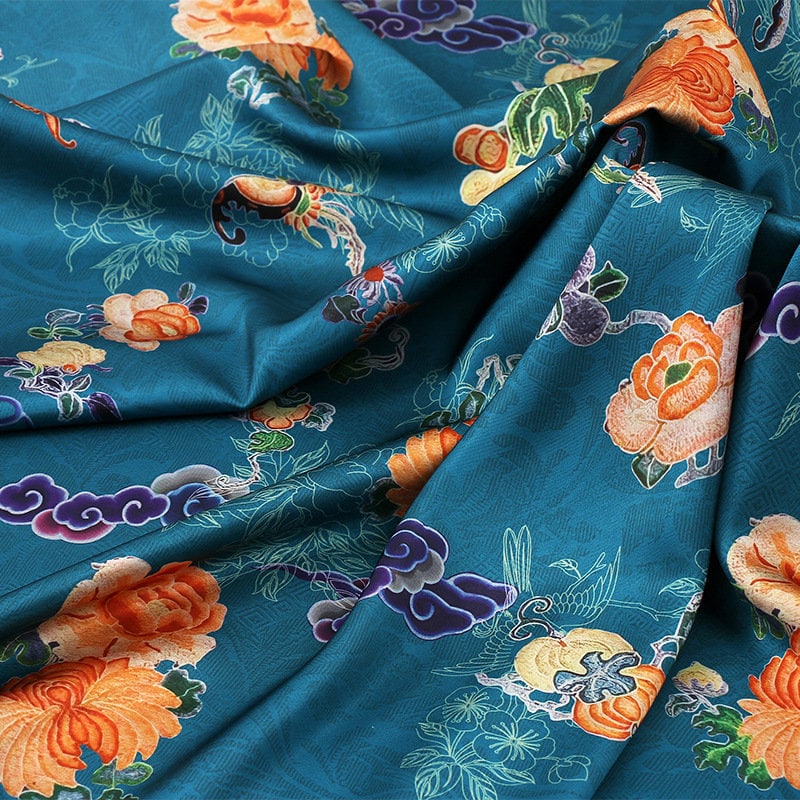 Ancient Flower Tea Satin Silk Fabric: Digital Print Upholstery, Costume, Decor (59"W)