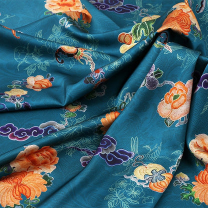 Ancient Flower Tea Satin Silk Fabric: Digital Print Upholstery, Costume, Decor (59"W)