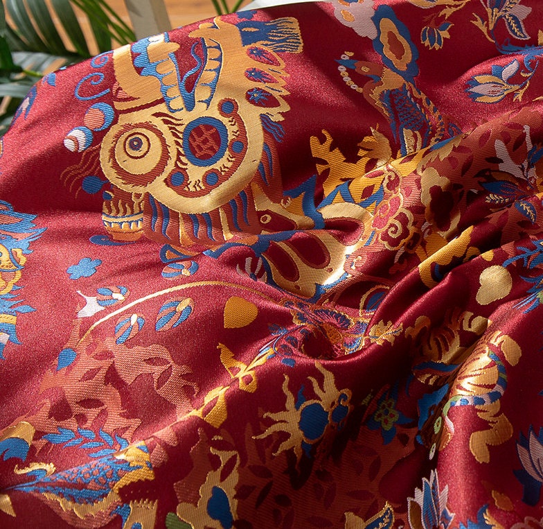 Silk Brocade Fabric: 55"W Dancing Dragon Upholstery, Costume, & Decor