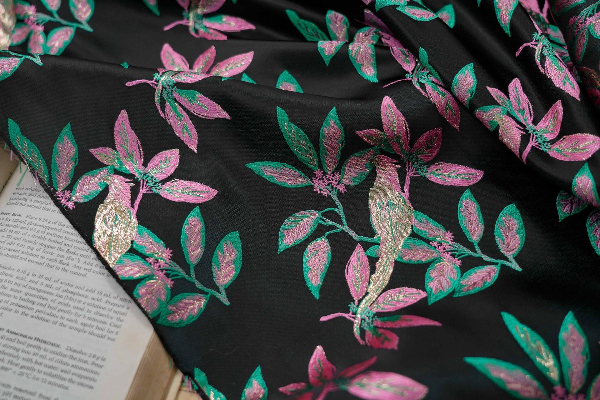 Gold Thread Jacquard Fabric: Green & Black 3D Designer Fabric, 65"W