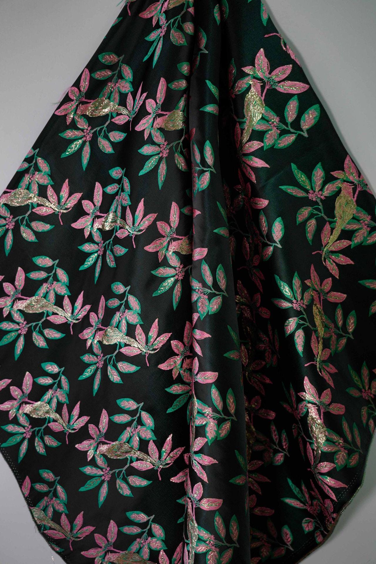 Gold Thread Jacquard Fabric: Green & Black 3D Designer Fabric, 65"W