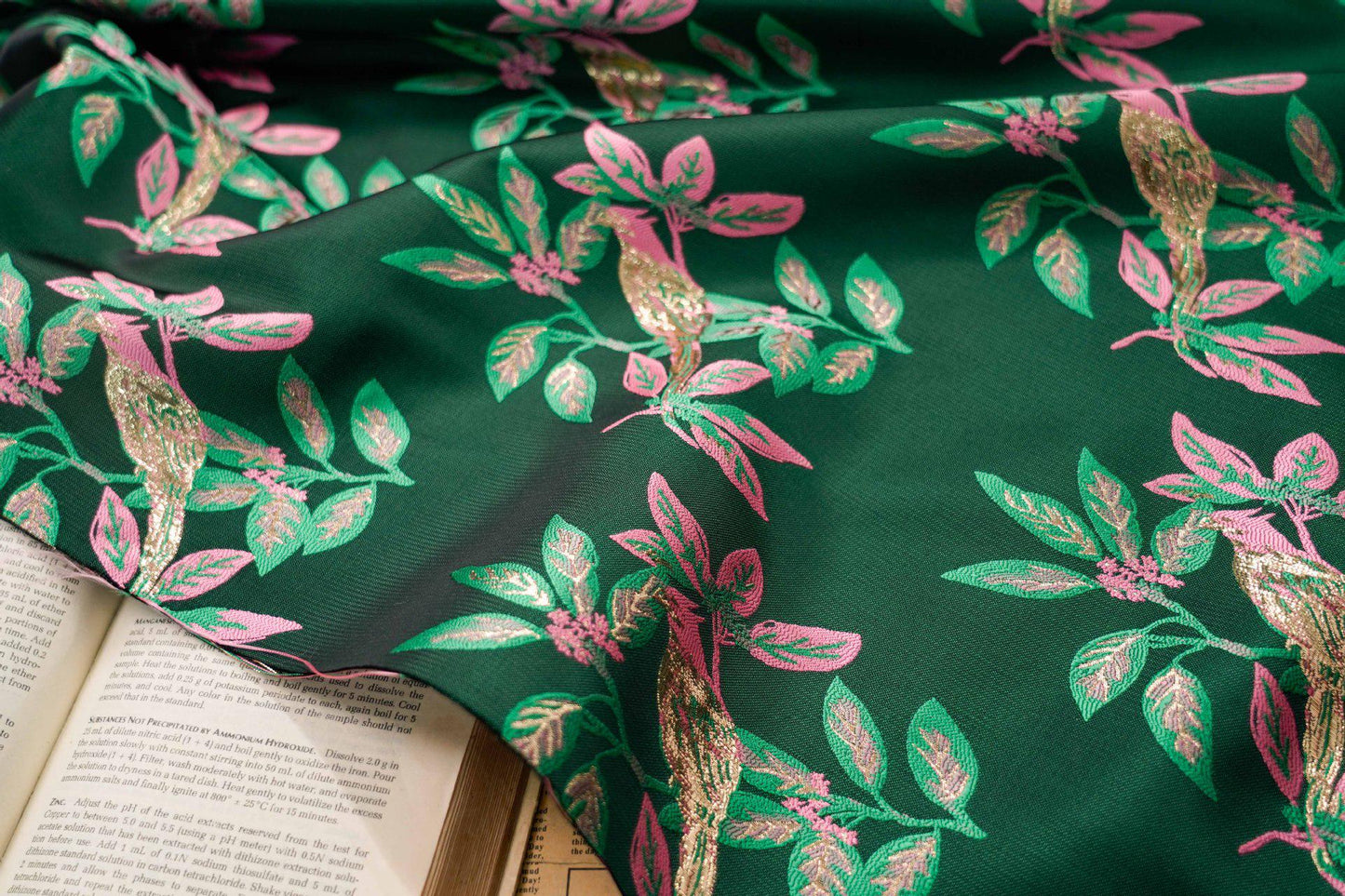 Gold Thread Jacquard Fabric: Green & Black 3D Designer Fabric, 65"W