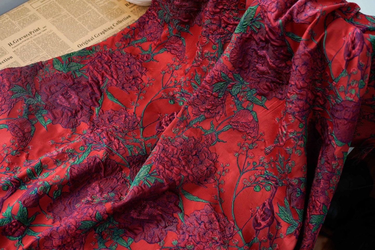 Jacquard Embossed Fabric: 3D Floral Bird Upholstery, Dress, Curtain - 53"W