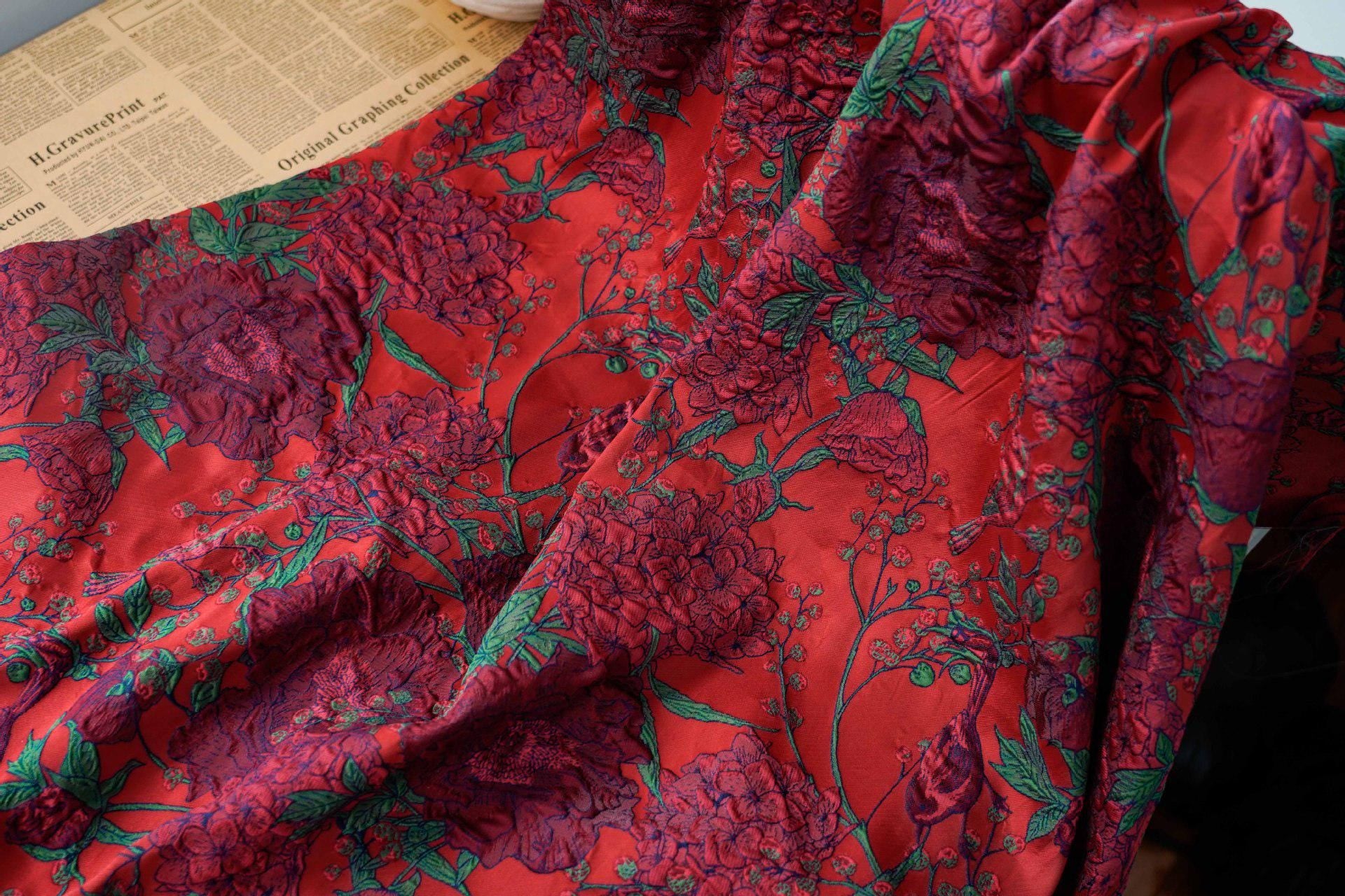 Jacquard Embossed Fabric: 3D Floral Bird Upholstery, Dress, Curtain - 53"W