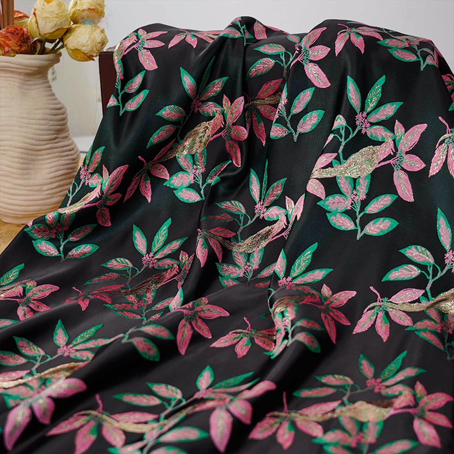 Gold Thread Jacquard Fabric: Green & Black 3D Designer Fabric, 65"W