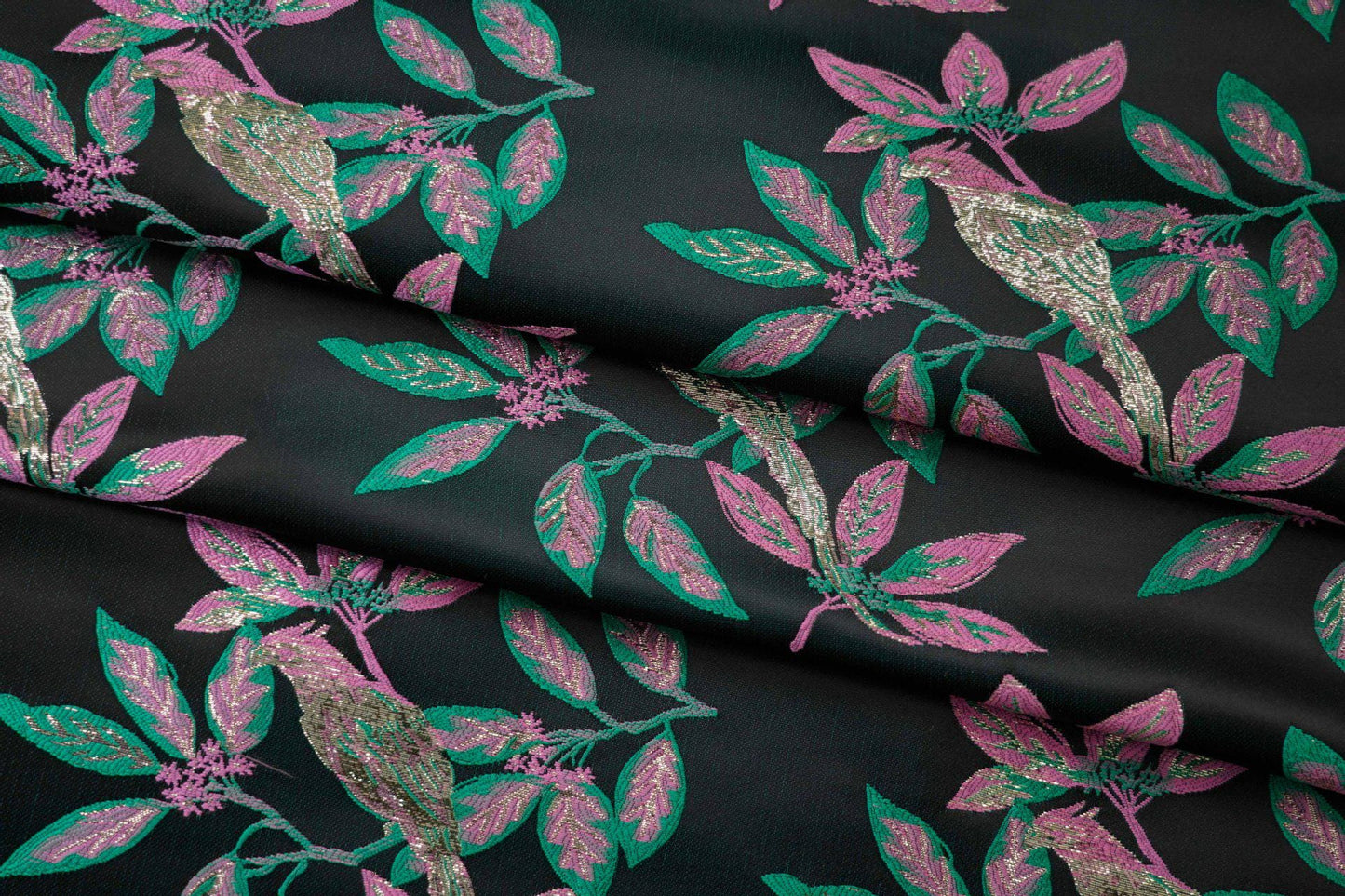 Gold Thread Jacquard Fabric: Green & Black 3D Designer Fabric, 65"W