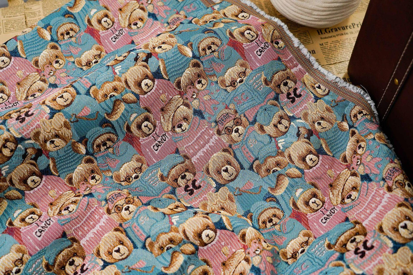 Cartoon Bear Jacquard Fabric, 60/40 Polyester/Cotton, 55"W