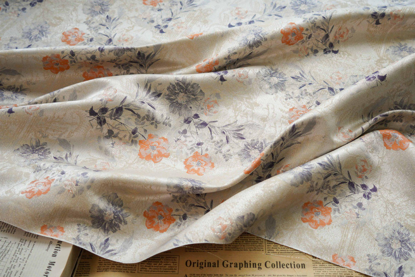 Floral Jacquard Woven Fabric: Gold Thread Embossed Pattern, 63" Wide