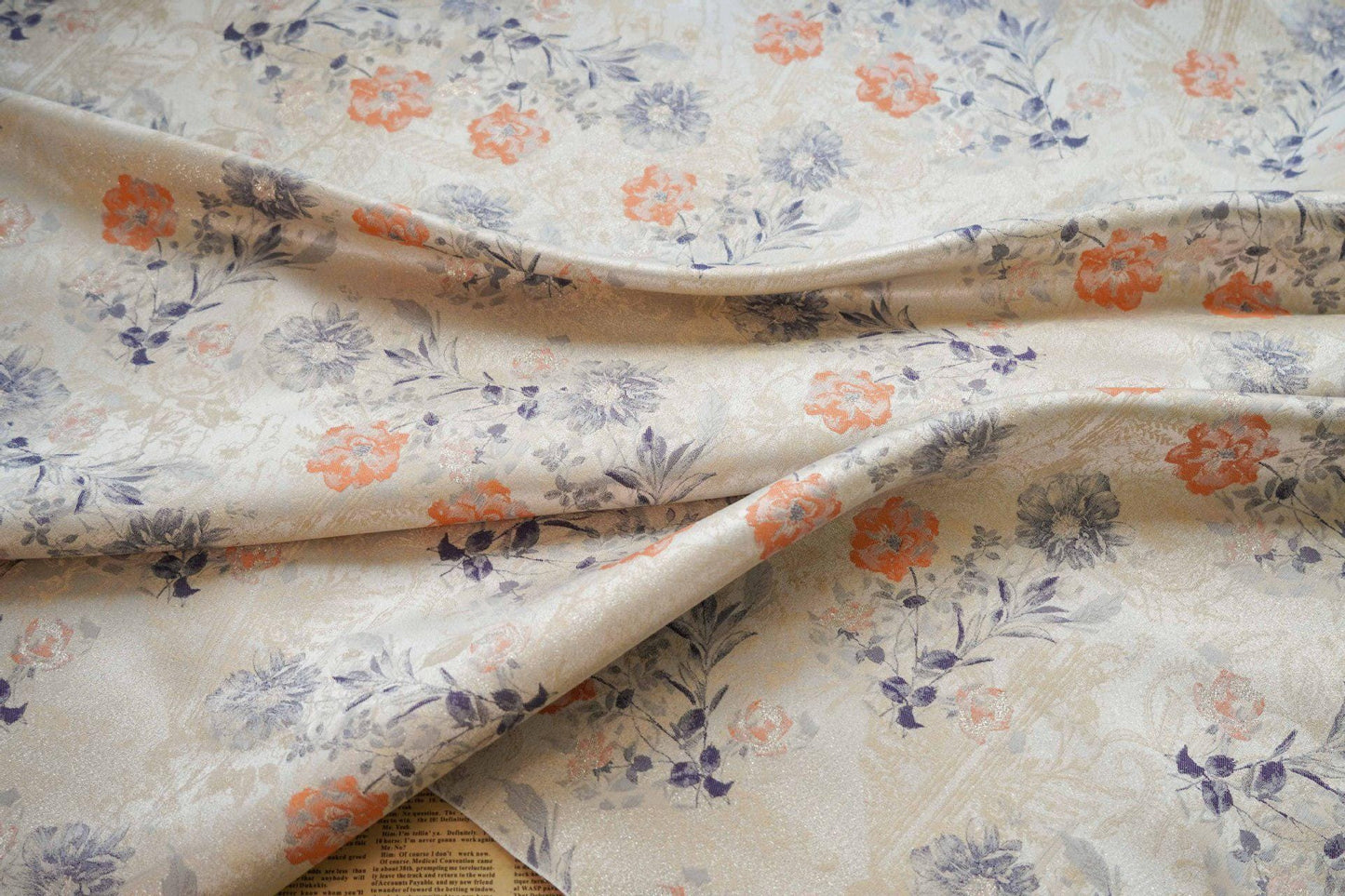 Floral Jacquard Woven Fabric: Gold Thread Embossed Pattern, 63" Wide