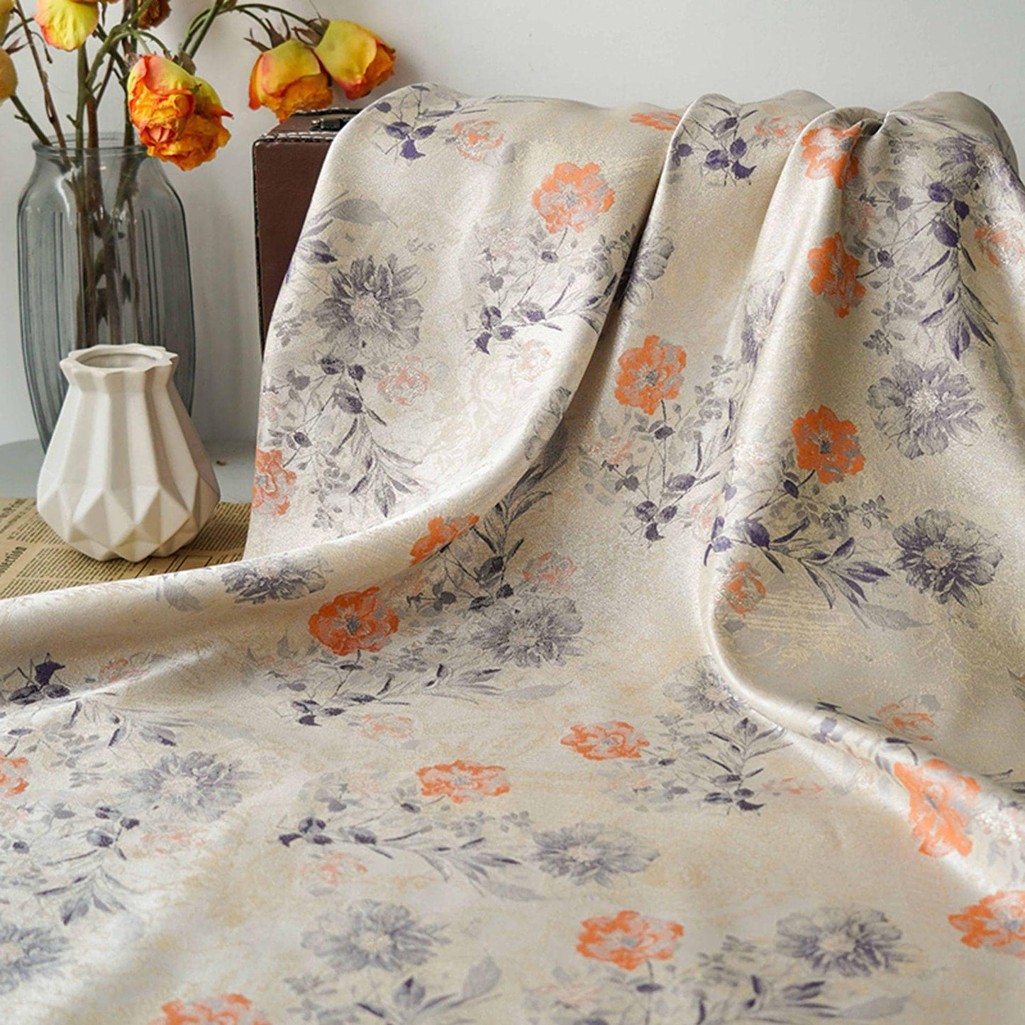 Floral Jacquard Woven Fabric: Gold Thread Embossed Pattern, 63" Wide