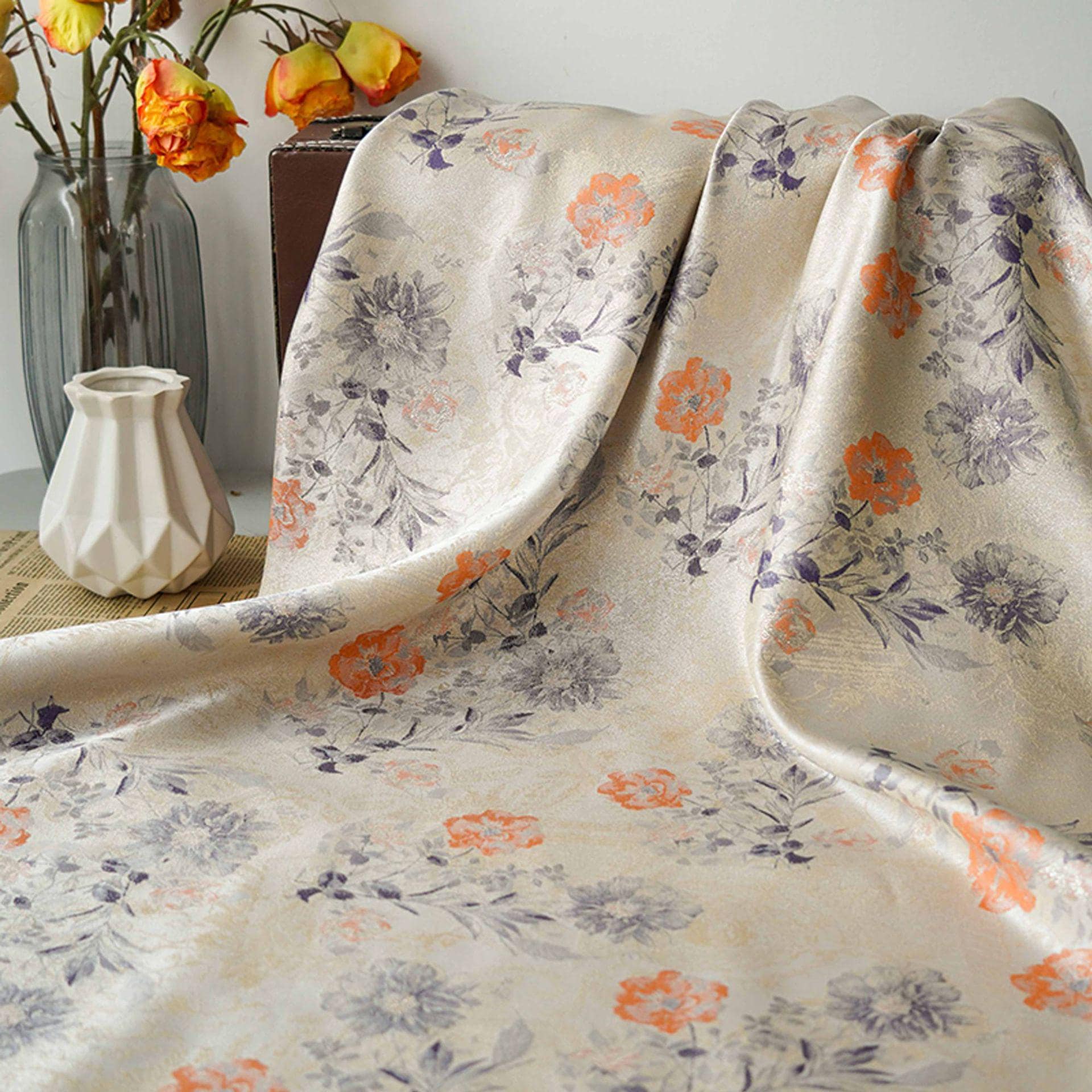 Floral Jacquard Woven Fabric: Gold Thread Embossed Pattern, 63" Wide