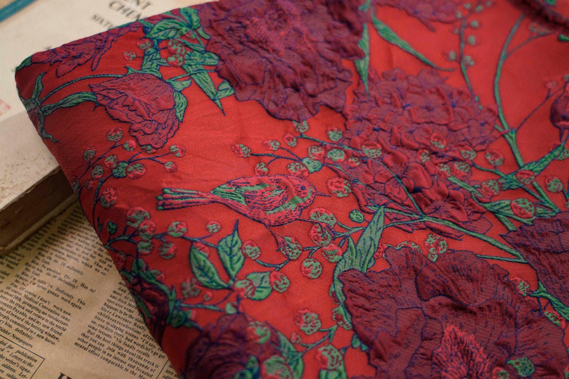 Jacquard Embossed Fabric: 3D Floral Bird Upholstery, Dress, Curtain - 53"W