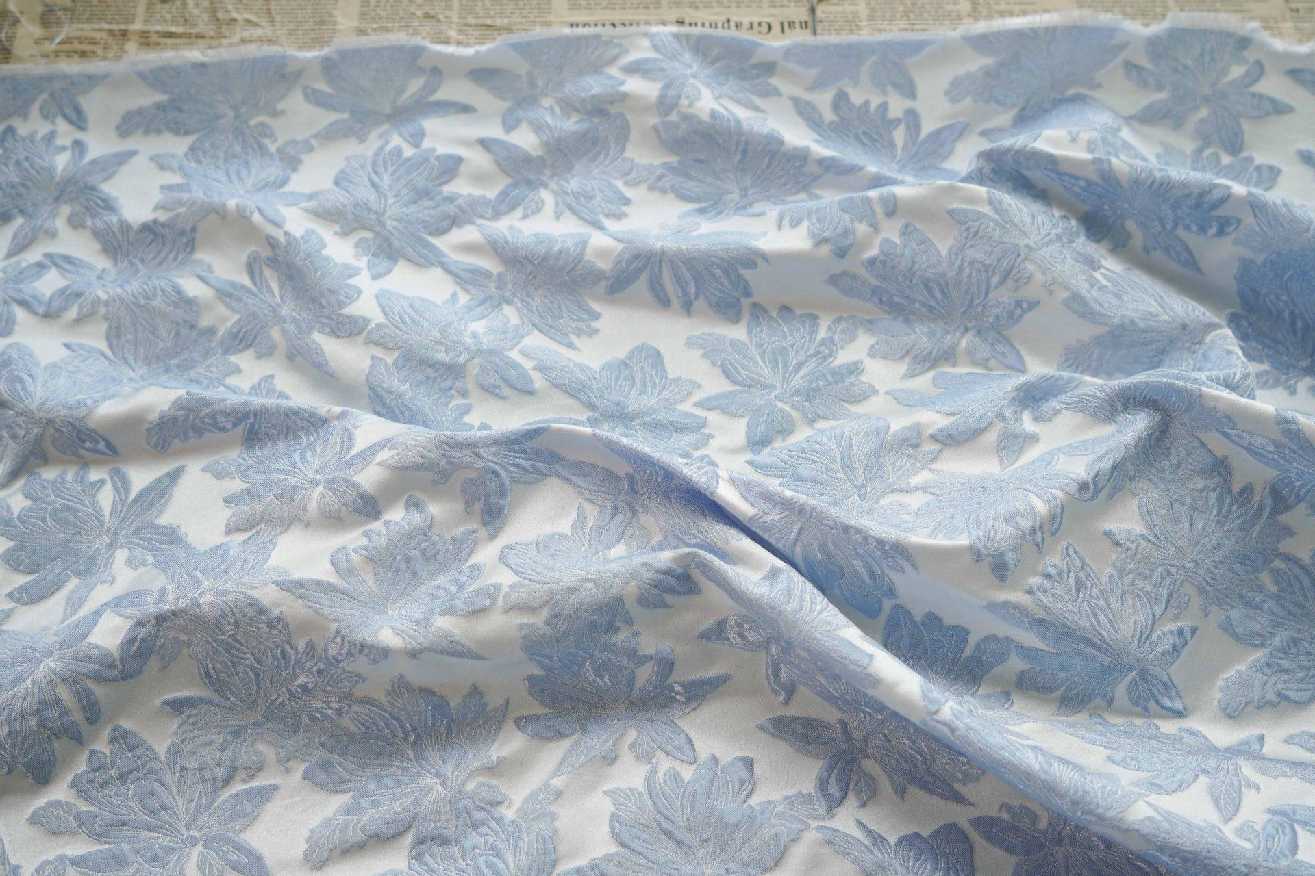 Light Blue Floral Jacquard Fabric: 3D Vintage Style, 63" Wide