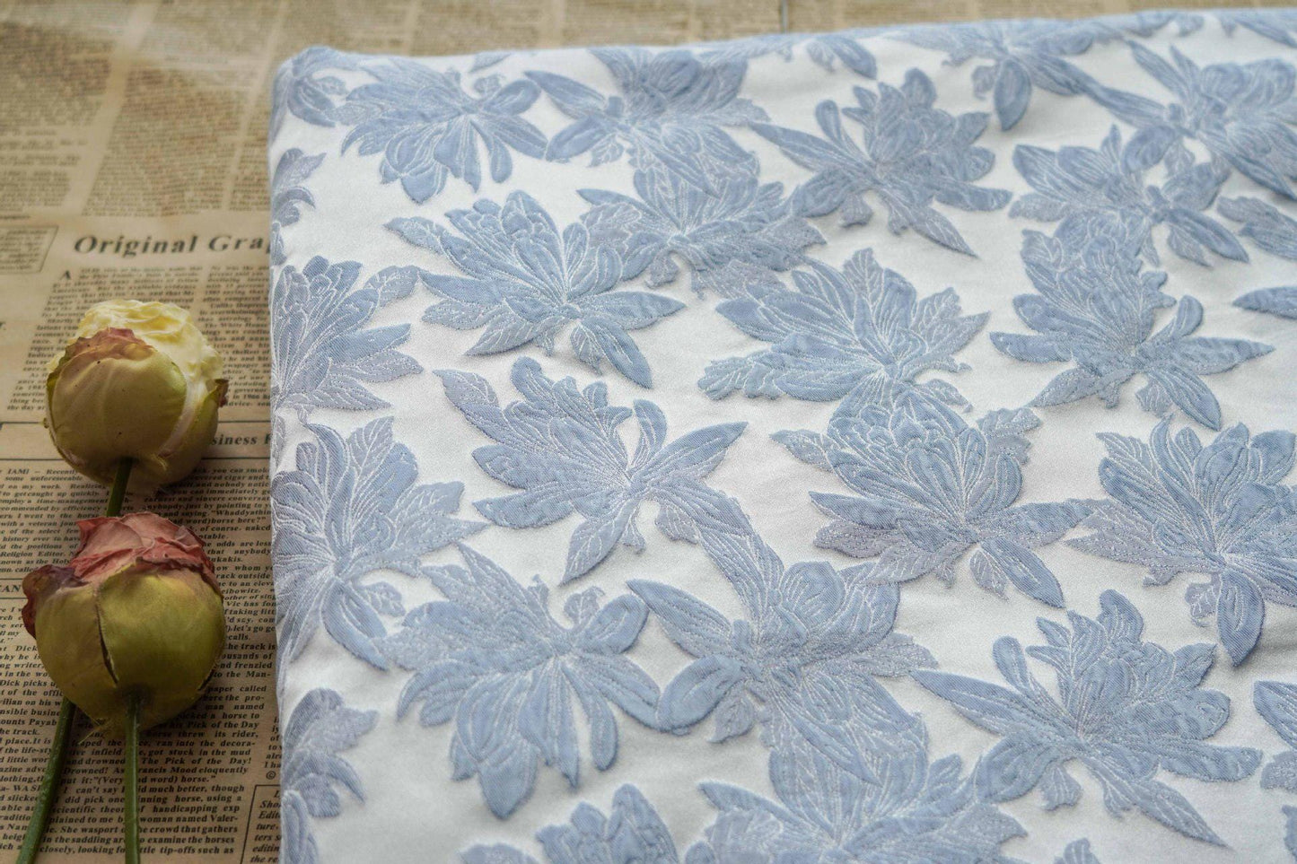 Light Blue Floral Jacquard Fabric: 3D Vintage Style, 63" Wide