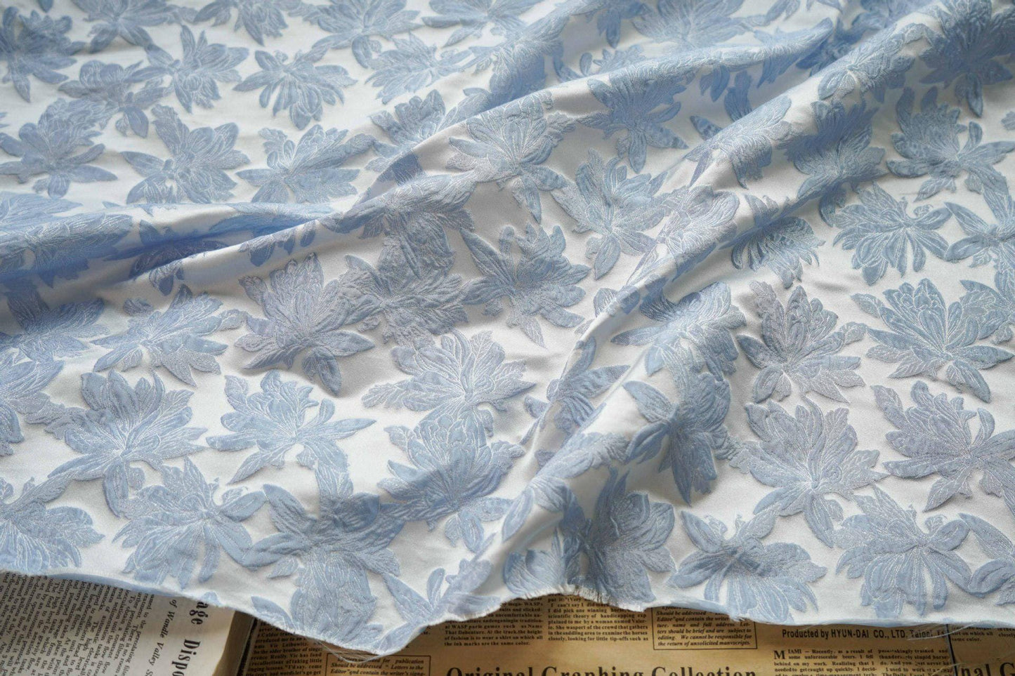 Light Blue Floral Jacquard Fabric: 3D Vintage Style, 63" Wide