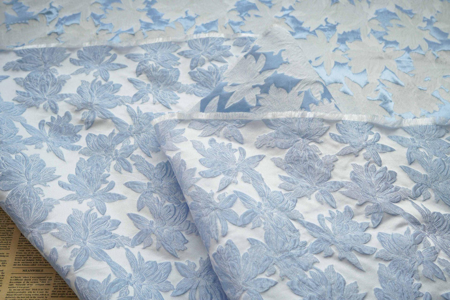 Light Blue Floral Jacquard Fabric: 3D Vintage Style, 63" Wide