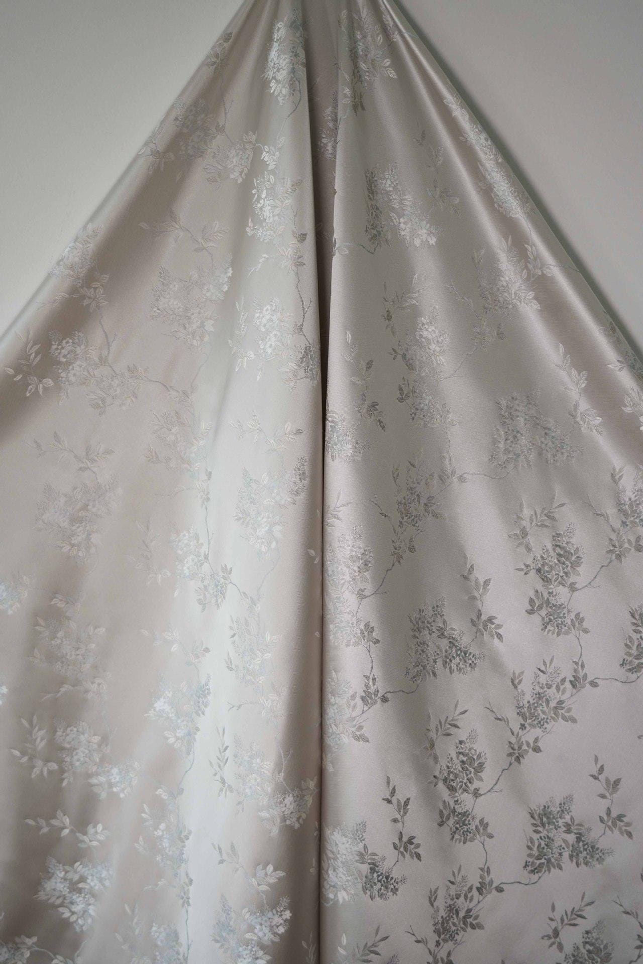 Plum Blossom Brocade Fabric: Silver White Rayon Jacquard, 59"W