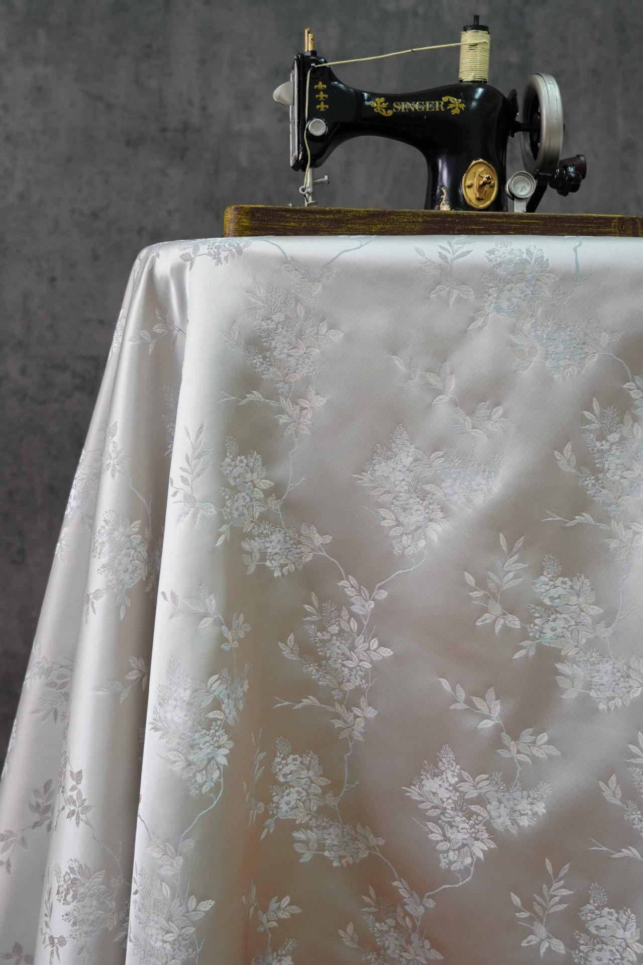 Plum Blossom Brocade Fabric: Silver White Rayon Jacquard, 59"W
