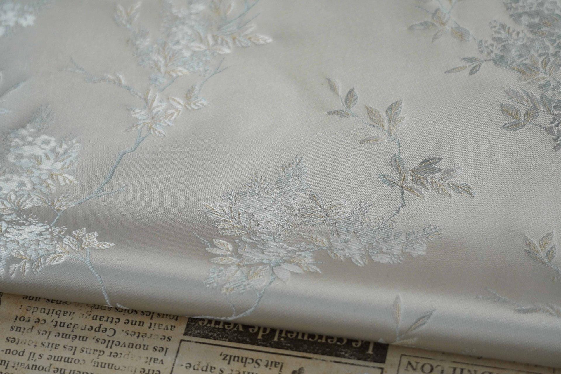 Plum Blossom Brocade Fabric: Silver White Rayon Jacquard, 59"W
