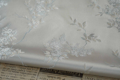 Plum Blossom Brocade Fabric: Silver White Rayon Jacquard, 59"W