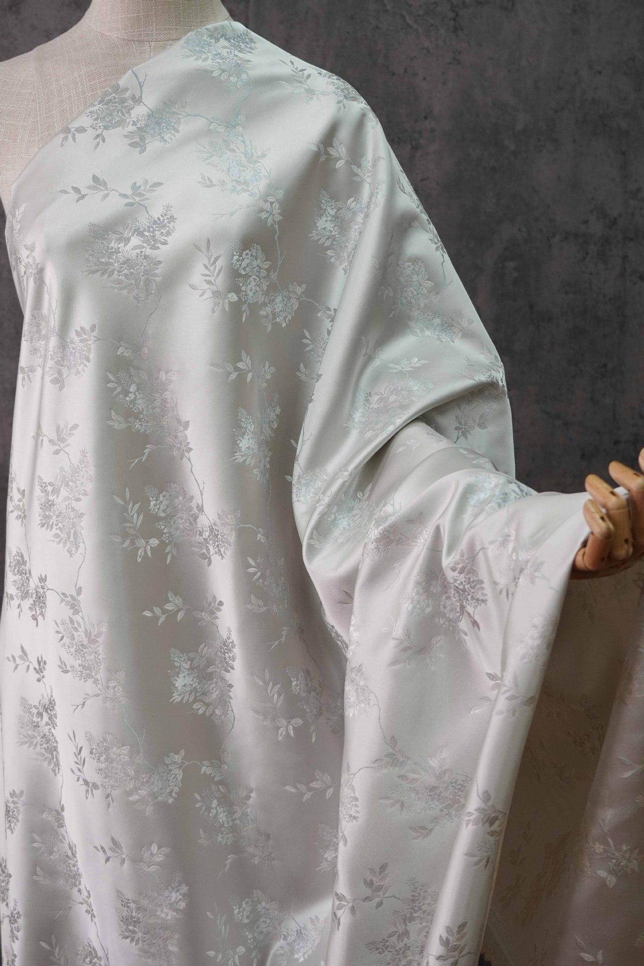 Plum Blossom Brocade Fabric: Silver White Rayon Jacquard, 59"W