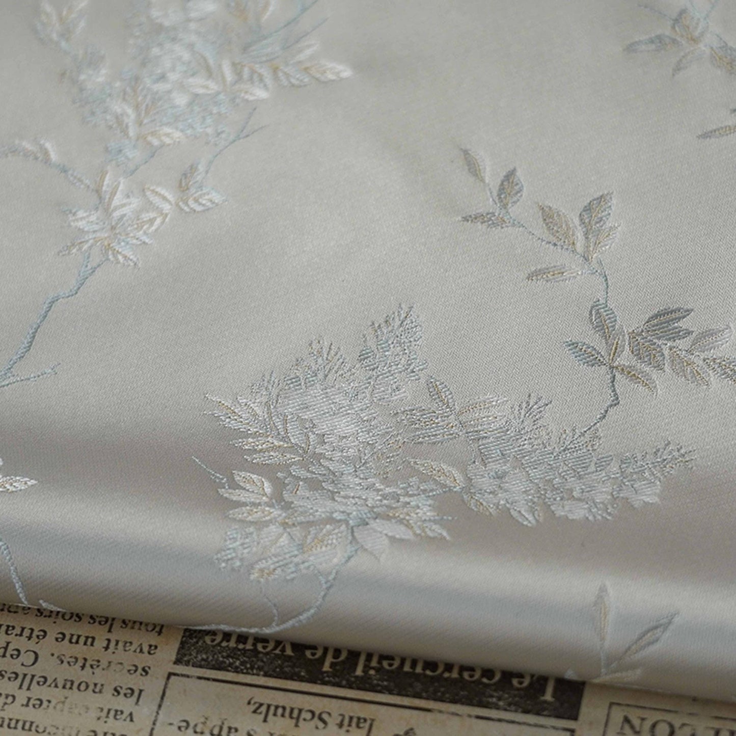 Plum Blossom Brocade Fabric: Silver White Rayon Jacquard, 59"W